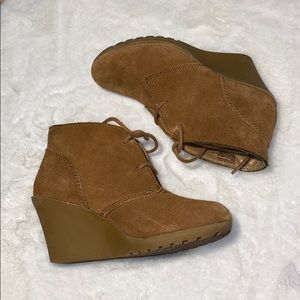 Chestnut Suede Leather Wedge Booties